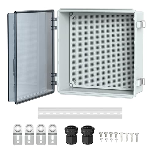 Joinfworld Outdoor Waterproof Electrical Box 13x13x5 with Clear Cover | IP67 water&UV proof box, 304 stainless latch, durable plastic, plate&rail, wall/freestand for marine, solar, Starlink & more - size: 13"x13"x5" Clear