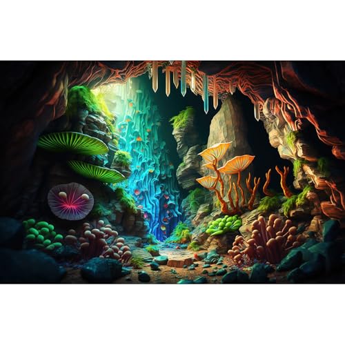 Jungle Cave Aquarium Background Cartoon Cave Landscape Fish Tank Background Abstract Bright Lights Luminous Mushrooms Tropical Plants Reptile Tank Enclosure Terrarium Backgrounds 30x18in - color: Green Purple, size: 30(W)x18(H)in