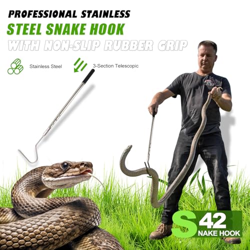 Snake Hook, Snake Grabber Tool Heavy Duty with 42 Inch Extensible Stainless Steel, Snake Tongs Stick for Rattlesnake, Copperhead Snake, Ball Python, Rattle, Cobra, Corn, Rosy Boas