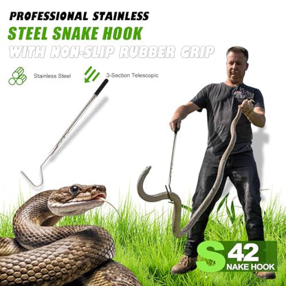Snake Hook, Snake Grabber Tool Heavy Duty with 42 Inch Extensible Stainless Steel, Snake Tongs Stick for Rattlesnake, Copperhead Snake, Ball Python, Rattle, Cobra, Corn, Rosy Boas
