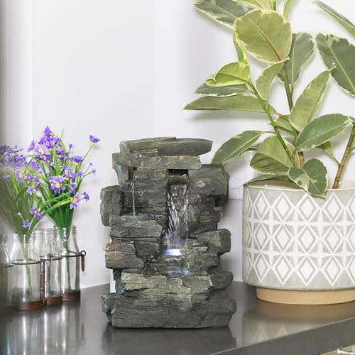 Alpine Corporation 13" Tall Indoor Tabletop Water Fountain, 4 Tier Cascading Water Feature with LED Lights for Home, Office, Living Room, or Zen Decor, Gray - style: Stacked Stone w/ LED