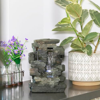 Alpine Corporation 13" Tall Indoor Tabletop Water Fountain, 4 Tier Cascading Water Feature with LED Lights for Home, Office, Living Room, or Zen Decor, Gray - style: Stacked Stone w/ LED