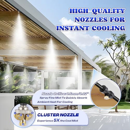 Moongiantgo Outdoor Misting Cooling System with Pump Kit-82ft Misting System pipe+24 Brass Mist Nozzles 0.02’’+Cluster Body+3/4’’ Adapter-Mister for Outside Patio Backyard Garden Greenhouse Trampoline