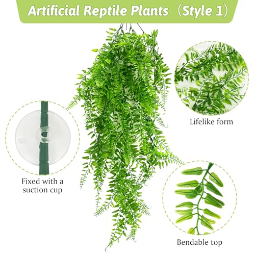 Hamiledyi 5 Pcs Reptile Plants Terrarium Hanging Fake Plant Leaves and 7 Pcs Reptile Hideouts Natural Coconut Shells Hut Leopard Gecko for Hermit Crab Hide Cave Small Snake Tarantulas Lizard Chameleon