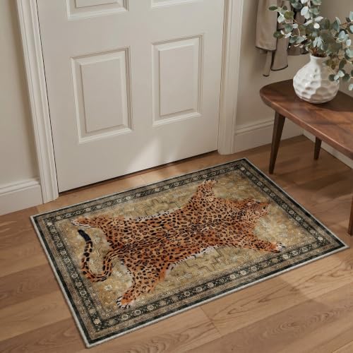 Bavni 2x3 Leopard Rug, Machine Washable Cheetah Door Mat,Soft Animal Small Boho Rugs Non Slip Low Pile Non-Shedding Throw Indoor Print Woodland Jungle Carpet for Entryway Front Door Bathroom,Yellow - color: Leopard/Yellow, size: 2'x3'