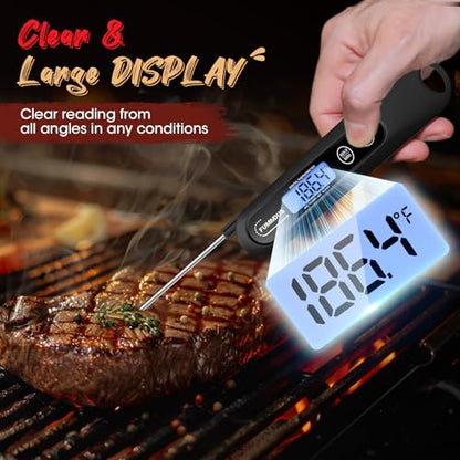 Meat Thermometer Digital, 3S Instant Read Food Thermometer for Cooking with Backlight & Magnet, Foldable Temperature Probe Kitchen Gadgets Essentials for BBQ Oven Grill Smoker Candy - color: Black