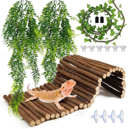 23''×20'' Reptile Hide Bearded Dragon Tank Accessories Bridge Hideout&Vine | Large Climbing Wooden Bridge Hideout & Hanging Plant Vines Artificial Leaves for Snake Lizard Tortoise Leopard Gecko