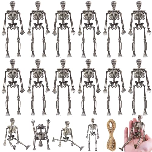 16 Pcs mini skeleton halloween decoration With hemp rope，6”small plastic posable halloween tiny skeleton figurines decor for Halloween Indoor Outdoor Graveyard Decor Haunted House Party Favors - color: Brown-16pcs