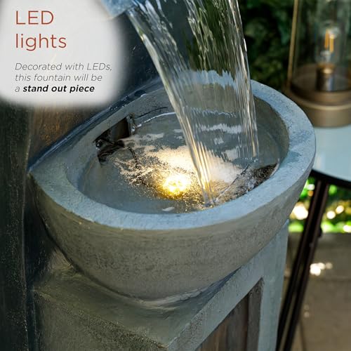 Alpine Corporation 41" Tall Outdoor Basin Waterfall Floor Fountain with LED Lights for Garden, Patio, Lawn and Backyard Decor, Gray - style: 41"H - Basin Fountain w/ LEDs
