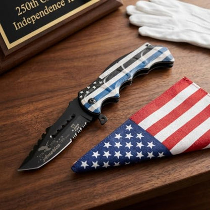 Snake Eye Tactical 8.5" Heavy Duty Folding Pocket Knife – Black Reverse Tanto Half Serrated 3CR13 Steel Blade, Printed Metal Thin Blue Line Police Flag Handle, 250th Anniversary Edition - color: Black & Blue