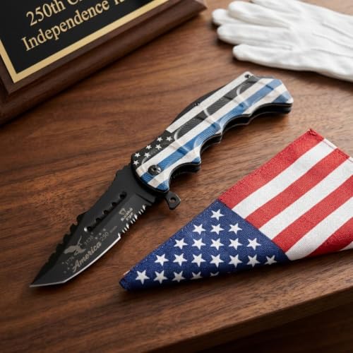 Snake Eye Tactical 8.5" Heavy Duty Folding Pocket Knife – Black Reverse Tanto Half Serrated 3CR13 Steel Blade, Printed Metal Thin Blue Line Police Flag Handle, 250th Anniversary Edition - color: Black & Blue