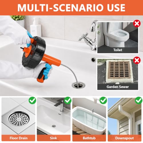 Drain Snake 8Set-33Ft Drain Clog Remover,34inch Heavy Duty Plumbing Snake,20inch Hair Clog Remover,18inch Cleaning Brush,Goggles and Gloves for Bathtub,Toilet,Sewer,Kitchen Sink,Drainage Pipe - style: 10SET Heavy Duty