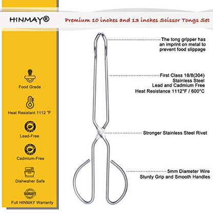 HINMAY Stainless Steel Kitchen Scissor Tongs Set, 2-Piece (10/13 Inch) | Metal Scissor Tongs for Cooking, Grilling, Serving, and Barbecue - color: Silver