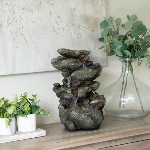 Alpine Corporation TZL154 14" Indoor Tabletop Rainforest Rock Water Fountain with LED Lights, Tiered Desktop Fountain for Home and Office Décor, Gray - style: Rock Water w/ LED's
