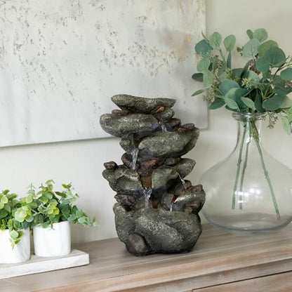 Alpine Corporation TZL154 14" Indoor Tabletop Rainforest Rock Water Fountain with LED Lights, Tiered Desktop Fountain for Home and Office Décor, Gray - style: Rock Water w/ LED's