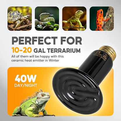 HealSmart 40W Reptile Heat Lamp Ceramic Heat Emitter, No Light Emitting Heat Bulbs, Suitable for Snake/Lizard/Spider, Plant Growth and Incubating Chicken, 2-Pack - size: 40 Watts, style: D-75mm (2.95")