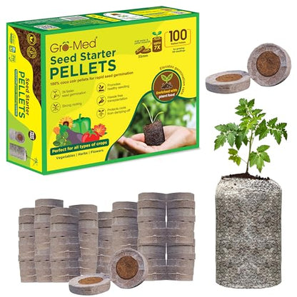 Gro-Med Organic Coco Coir Seed Starter Pellets NPK Enriched 100 Pcs, 35mm Perfect to Grow Herbs, Vegetables, Flowers Seedling, Compressed Coconut Coir Soil Plugs for Seed Germination - OMRI - size: 100 Pack - NPK Enriched Seed Starter Pellets