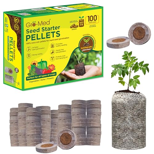 Gro-Med Organic Coco Coir Seed Starter Pellets NPK Enriched 100 Pcs, 35mm Perfect to Grow Herbs, Vegetables, Flowers Seedling, Compressed Coconut Coir Soil Plugs for Seed Germination - OMRI - size: 100 Pack - NPK Enriched Seed Starter Pellets