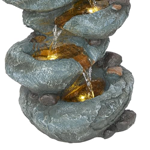 Alpine Corporation TZL418 14" 3 Tier Rock Fountain with LED Lights, Elegant Cascading Water Feature for Tabletop, Indoor Decor, Relaxing Stone Waterfall for Home & Office, Gray - style: Elegant Rock w/ LED Lights