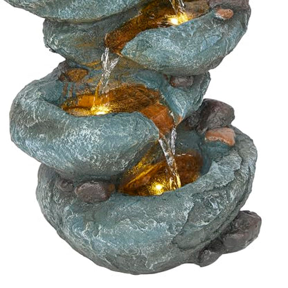 Alpine Corporation TZL418 14" 3 Tier Rock Fountain with LED Lights, Elegant Cascading Water Feature for Tabletop, Indoor Decor, Relaxing Stone Waterfall for Home & Office, Gray - style: Elegant Rock w/ LED Lights