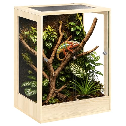 PROLEE 24" x 18" x 36" Tall Reptile Terrarium, 65 Gallon Glass Chameleon Cage, Vertical Crested Gecko Tank with Ventilated Mesh Top, Front Opening Rainforest Habitat, Oak - color: Oak, size: 24" L x 18" W x 36" H, 65 Gallon