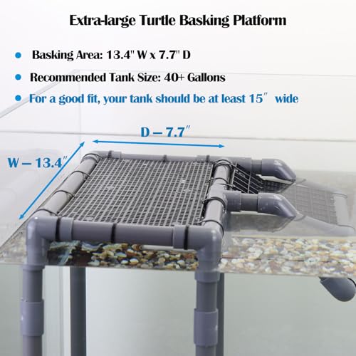 Extra Large Turtle Basking Platform, Aquatic Turtle Tank Accessories with Non-Slip Ramp, PVC Standing Dock for 75-120 Gallon Tanks - size: Basking Platform 13.4" W × 7.7" D