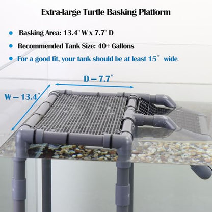 Extra Large Turtle Basking Platform, Aquatic Turtle Tank Accessories with Non-Slip Ramp, PVC Standing Dock for 75-120 Gallon Tanks - size: Basking Platform 13.4" W × 7.7" D