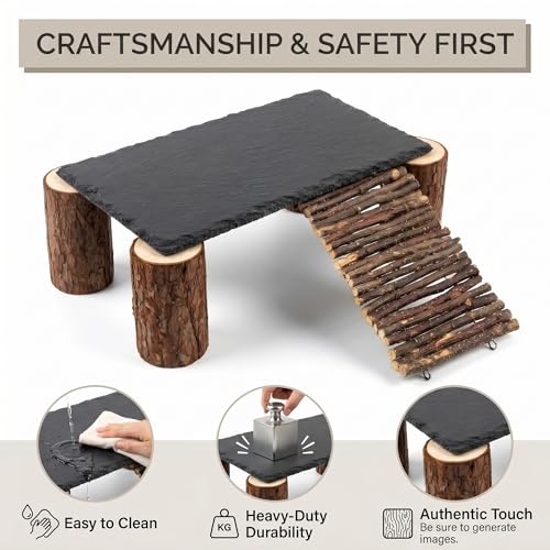 Bearded Dragon Basking Platform Natural Slate Rock with Wood Log Legs & Branch Ramp, Reptile Hide Basking Spot Tank Decor, Suitable for Leopard Gecko, Tortoise, Ball Python Small Black