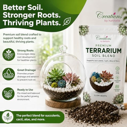 Creations by Nathalie Natural Terrarium Growing Medium, 2.2 Quarts, Well-Draining Mix for Succulents, Cactus & Aloe, Untreated Pine Bark, Canadian Peat & Coarse Sand