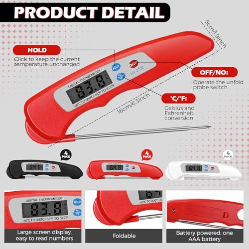 Xuhal 12 Pcs Digital Meat Thermometer with Probe Waterproof Instant Read Foldable Food Thermometer with Magnet for Kitchen Grilling Cooking Turkey Baking BBQ(Black, Red, White) - color: Black, Red, White