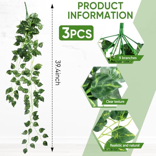 3 Pcs Fake Hanging Plants Vines Artificial Pothos Faux Ivy Greenery Ideal for Wall Shelf Home Bedroom Living Room Office Patio Garden Indoor Outdoor Decor - size: 3