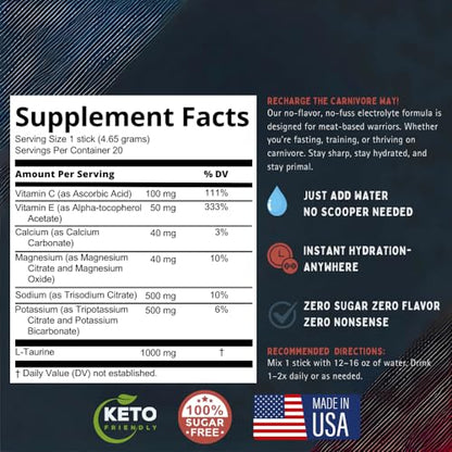 Premium Hydration Powder for Carnivore Diet - Balanced Electrolyte Support, Zero Sugar, Zero Carb, Keto Friendly - Supplement for Optimal Energy & Recovery - 20 Stick Packets Per Pouch (Unflavored)