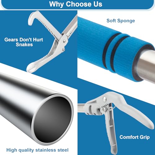 Snake Grabber Reacher Tool, 69" Snake Catcher Tongs Long Handle Heavy Duty Reptile Rattlesnake Catch Tongs Snake Tool Wide Jaw Stainless Steel Sponge Wrapped Handle (Blue)