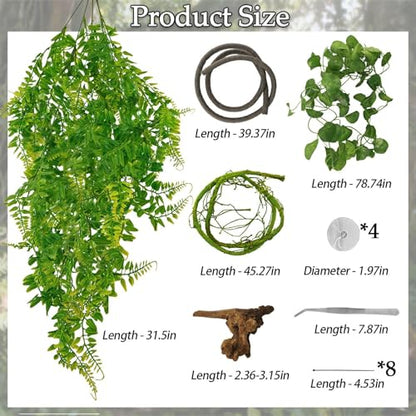 8 Pcs Reptile Plants for Terrarium Bearded Dragon Tank Accessories Artificial Hanging Reptile Vine Jungle Climbing Plant Vines Terrarium Decorations for Snakes Geckos Lizards Chameleons