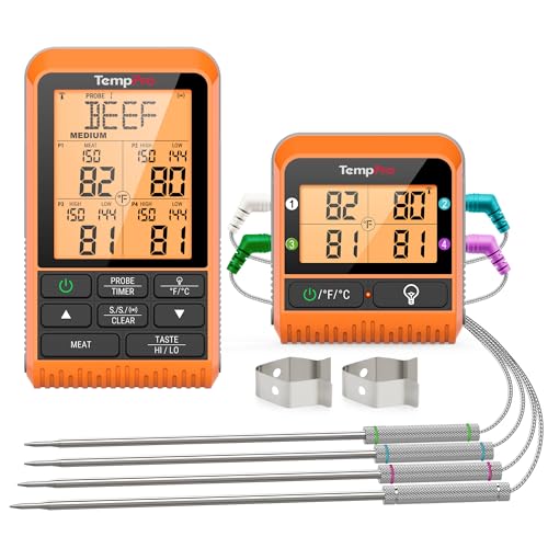 TempPro TP829 1000ft Wireless Meat Thermometer Digital for Grilling and Smoking, 4 Meat Probes Grill Thermometer for Outside Grill, Thermometer Cooking Gift for Dad Him Husband (Previously ThermoPro) - size: Four Probes