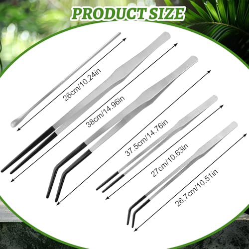 Stainless Steel Reptile Feeding Tongs with Rubber Tip，5 PCS Straight and Curved Long Tweezers Terrarium Aquascape Tools Feeder for Lizards Bearded Dragon Snake（Silver）
