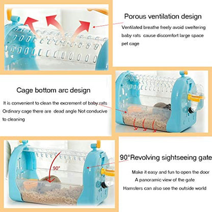 kathson Hamster Cage Travel Carrier Portable Cage with Water Bottle Outgoing Cage and Adjustable Strap Pet Cage for Small Pet Hedgehog Sugar Glider Squirrel Mice（Blue） - size: Blue