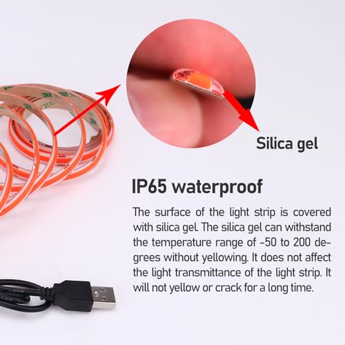 DC 5V USB COB Red LED Strip Light Dimmable IP65 Waterproof USB Powered 6.6ft/2M 640LEDs with Dimmer High Brightness Flexible LED Tape Lights - color: Red