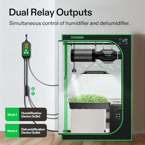VIVOSUN 1500W Digital Temperature Controller and Humidity Controller, 1500W Dual-Stage Outlet, Pre-Wired Digital Humidistat with Dual LED Displays for Humidifier/Dehumidifier/Fan