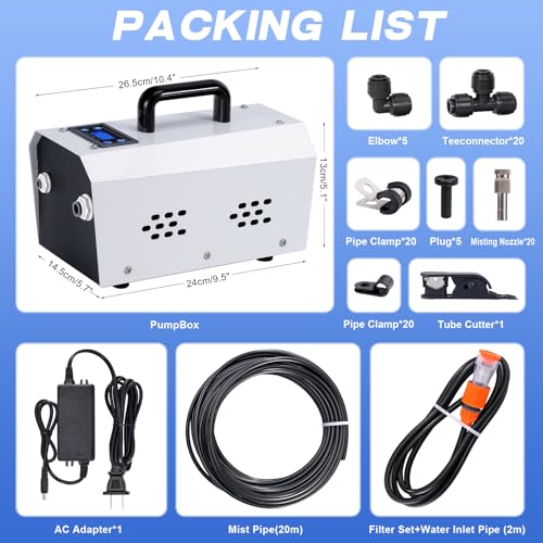 Portable Misting System, Outdoor Misting Cooling System, Misters for Outside Patio, Greenhouse, Garden, Farm, with Booster Pump and 20 Nozzles, The Device Can Regular Intermittent Work