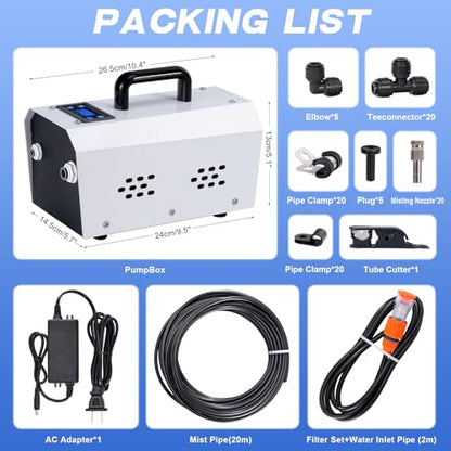 Portable Misting System, Outdoor Misting Cooling System, Misters for Outside Patio, Greenhouse, Garden, Farm, with Booster Pump and 20 Nozzles, The Device Can Regular Intermittent Work