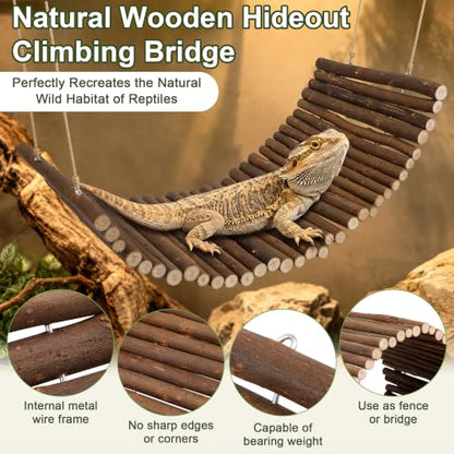 23''×20'' Reptile Hide Bearded Dragon Tank Accessories Bridge Hideout&Vine | Large Climbing Wooden Bridge Hideout & Hanging Plant Vines Artificial Leaves for Snake Lizard Tortoise Leopard Gecko