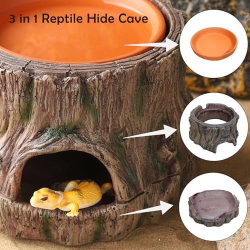 IBWell 3 in1 Reptile Hides and Caves with Detachable Base, Reptile Hideout Leopard Gecko Hide and Crested Gecko Food Dish Humid Hide for Lizard Tank Gecko Tank Accessories