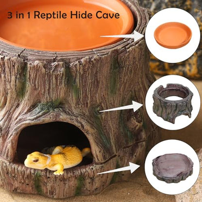 IBWell 3 in1 Reptile Hides and Caves with Detachable Base, Reptile Hideout Leopard Gecko Hide and Crested Gecko Food Dish Humid Hide for Lizard Tank Gecko Tank Accessories