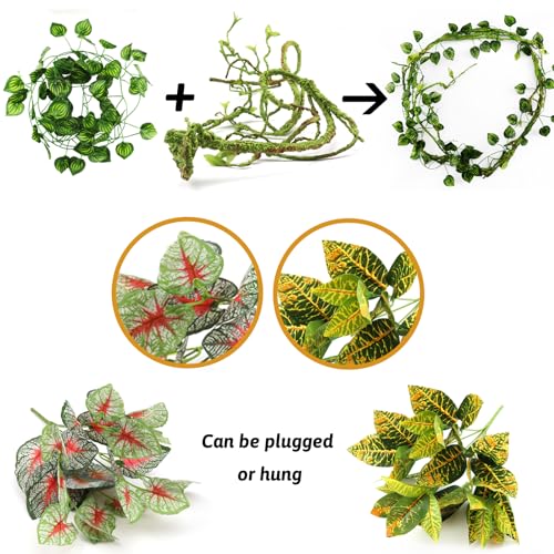 QUOZUO Reptile Plants, Terrarium Hanging Plant Vines Artificial Leaves Reptile Hide, Leopard Gecko Tank Accessories, Terrarium Decorations for Bearded Dragon Lizard Snake Chameleon