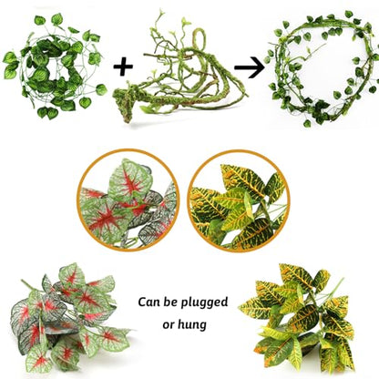QUOZUO Reptile Plants, Terrarium Hanging Plant Vines Artificial Leaves Reptile Hide, Leopard Gecko Tank Accessories, Terrarium Decorations for Bearded Dragon Lizard Snake Chameleon
