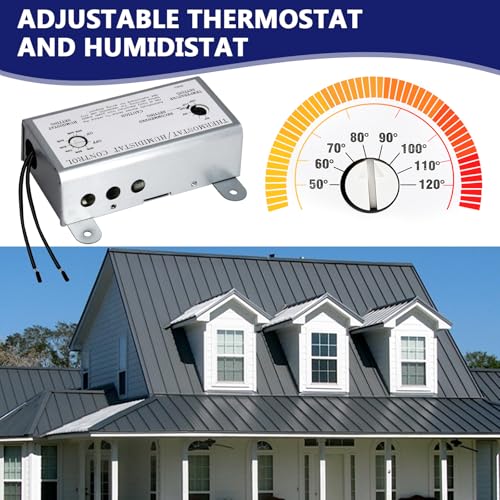 Hiorucet Attic Fan with Thermostat Humidistat Controller, Adjustable Temperature Humidity Controller for Workshops Greenhouses Garages, Attic Ventilator Fan Thermostat Humidistat Control Box