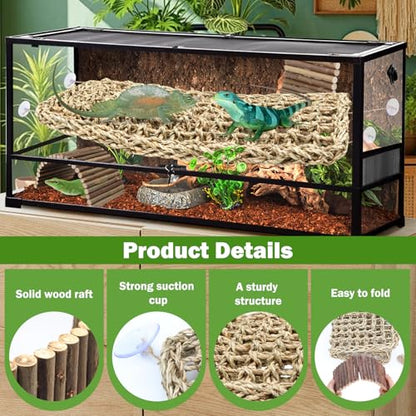 QUOZUO Bearded Dragon Tank Accessories, 3pack Reptile Habitat Hammock Natural Seagrass and Natural Wood Bendable Bridge for Climbing, Hermit Crab, Lizard, Mice, Spiders, Turtle, Snake