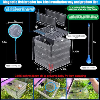 Magnetic Fish Breeder Box for Isolation Boxes Acclimation Hatchery breeding Incubator for Guppy Baby Betta Shrimp Saltwater Clownfish Coral Anemones Aggressive or Injured Fishes