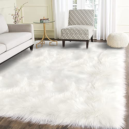 Latepis White Faux Fur Sheepskin Rug 4x6 for Living Room, Fuzzy Rugs Fluffy Washable Rug for Bedroom, Playroom, Luxury Room Decor, Rectangle - color: White, size: 4' x 6' (Rectangular)